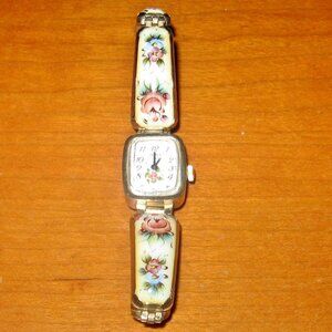 Russian Yanka Watch 17 Kamher Floral Enamel Bracelet Watch - Not Running